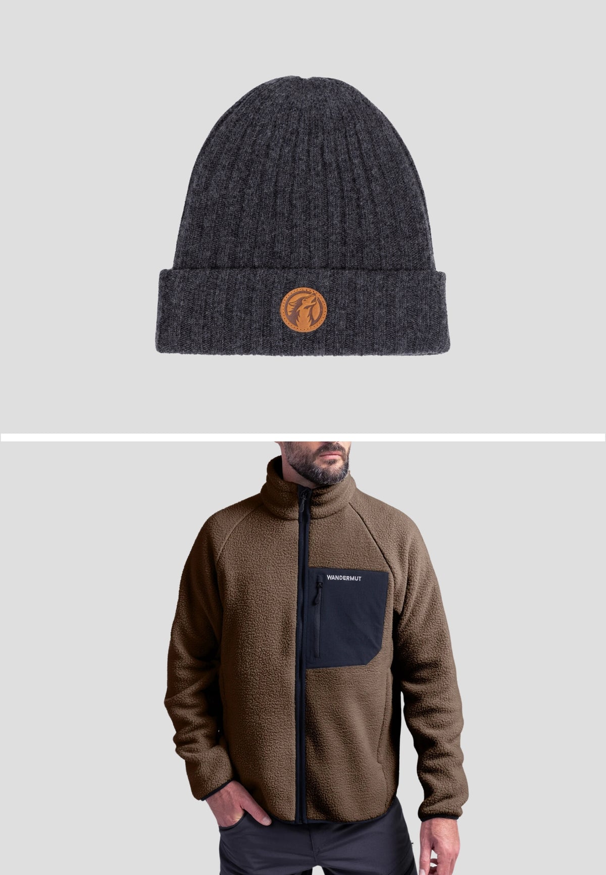 WINTER-SET | Fleece Braun + Wollmütze